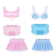 Herren Sissy Dessous Set Rüschen Spitze Satin BH Crop Top Panty Crossdress Pjs