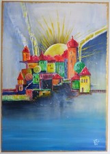 ORIGINAL Acryl Bild Gemälde Häuser Abstrakt Malerei KunstModern Stadt HANDGEMALT