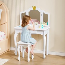 Kinder Schminktisch Holz Mädchen Spiegel Hocker Make-up Tisch Kosmetiktisch DE