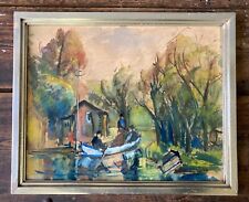 Aquarell Bootsfahrt im Grünen Anonym Mid Century 44 x 54 cm