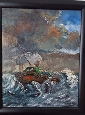 Ölgemälde Schiff SOS Seenot Nordsee Sylt Kutter Boot Segel Ex Voto Hamburg Meer