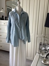 Zara Jeanshemd Perlenstickerei Allover Oversize Langarm  Hellblau Gr. L
