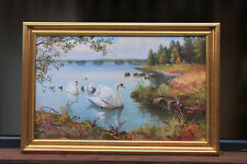 N. Gero Kunstdruck Schwäne im See in goldenem Holzrahmen 60x90cm Landschaft