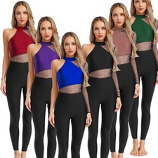 DE Damen Turnanzug Ganzkörper Gymnastikanzug Strass Glitzer Ballettanzug Overall