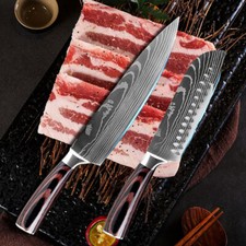 2 Stück Küchenmesser Set Damaskus-muster Edelstahl Scharfes Santoku Kochmesser