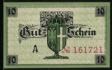 Notgeld Neuss 1919, 10 Pfennig, Gutschein mit Stadtwappen und Burgansicht 