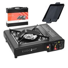 EVOCAMP Gaskocher 1-flammig mit Grillplatte BBQ eckig 38 cm inkl. Tragekoffer 