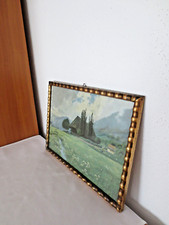 signierter Druck einer Bergwiese mit Bauernhof und Bächlein, gerahmt