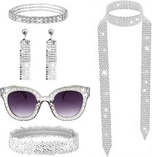 70er Jahre Disco Outfit Damen Accessories 5 Stück, 70er 80er Disco Pailletten So