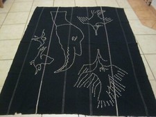 Dunkelblauer Stoff f.Wandbehang Überwurf mit Muscheln bestickt Handarbeit Vögel