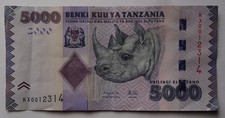 Tanzania 5000 Shilingi Schilling  unc Rhinozeros Nashorn Kiboko