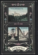 AK Scheinfeld, Schloss Schwarzenberg, Kriegerdenkmal und Kirchstrasse 1906 