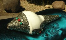 Großes Tibet. MUSCHEL-Horn Conch mit KORALLE+TÜRKIS 29cm