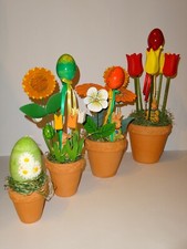 4er Set Ostergesteck Blumentopf Blumen Holz Osterhase Kerze Osterdekoration 