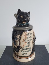 Antiker Bierkrug Kater Katze Figurenkrug Keramik Zinnmontur Merkelbach Wick 1900