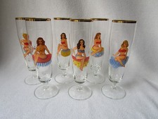 6 50er Jahre Bier-Gläser mit 6 verschiedenen Pin Up Motiven Glas Goldrand 19,5cm