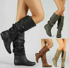 Damen Knie hoch Flache Stiefel Stiefeletten Schlupfstiefel Leder Optik Schuhe