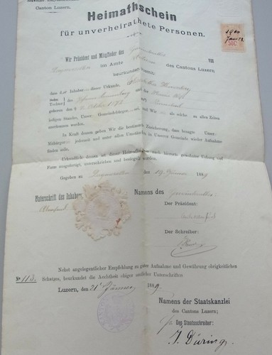 Heimatschein dagmersellen 1889 - dagmersellen,