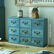  9 Schubladen Holz Box Apothekerschrank Schreibtisch Organizer blau gebeizt 
