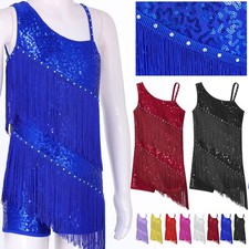 DE Mädchen Latein Tanz Kleider Glitters Fransenkleid Ärmellos Latein Tango Salsa