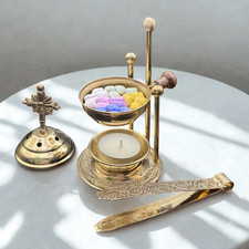 Weihrauchbrenner Messing Gold mit Kreuz & Sieb - Räucherstövchen Harze