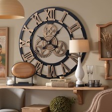 Große Wanduhr mit römischen Ziffern Moderne Metall + Holz Wanduhr Dekouhr 58cm