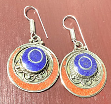 LAPISLAZULI, K O R A L L E Edelstein 925 STERLINGSILB. TIBET Schmuck OHRHÄNGER