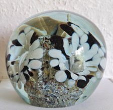 PAPERWEIGHT BRIEFBESCHWERER BLAU/WEISS KORALLEN IM SAND GLAS 8 x7 CM EINWANDFREI