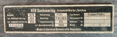 Trabant 601 typenschild - l,