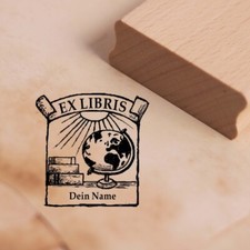 Ex Libris Stempel mit Name - Globus, Sonne und Bücher Exlibris Motivstempel 48 x