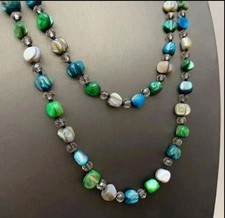 Schöne Lange Muschelkette Ca. 118cm  lang blau grün mehrkreisig Retrofarbe