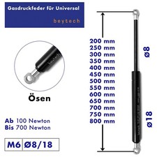 Universal Gasdruckfeder, Gasfeder 200–800 mm, 100–700N, Ösen Endstücke 8/18