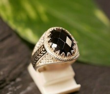 Hübscher 925 Sterling Silber Ring Gitter Design Email Muster Schwarzer Stein 