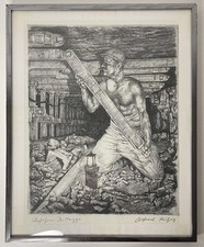 Alfred Kitzig Radierung Bergarbeiter Untertagebau handsigniert gerahmt 35,5x28,5