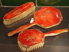 antikes Frisierset Messing Handspiegel+2 Bürsten gold rot Frankreich Jugendstil