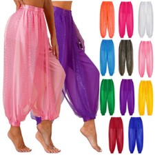 DE Damen Bauchtanz Hose Lang Chiffon Tanzhose Mit Pailletten Glänzend Pumphose 