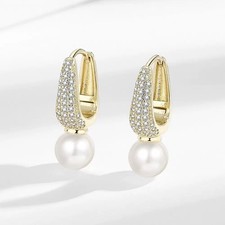 Damen Ohrringe Ohrstecker Perlen Strass 18K Gold Weißgold Damen Zirkonia Stras