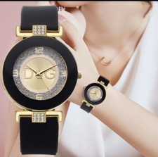 Damen Armbanduhr Schwarz Gold Strass strapazierfähiges Silikon Armband Damenuhr