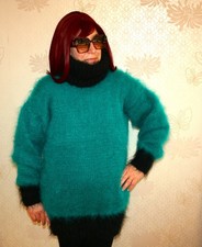 Neuer handgestrickter flauschiger smaragdgrün/schwarzer Luxus Mohair T-Ausschnitt Pullover - XL