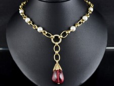 Schweres Brillant Rhodolith Collier mit Perlen   ca. 60,4g 750/- Gelbgold