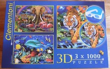 3 x 1000 Teile Clementoni Puzzle 3D Effekt Tiger Elefant Delphin Fische komplett