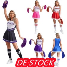 DE~Damen Cheerleader Kostüm Cheer Uniform Outfit mit Pompoms Sock Karneval Party