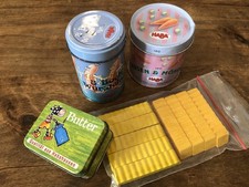 HABA Kaufladen Bockwürstchen Butter Erbsen & Möhren Erzi Pommes Frites Holz Dose