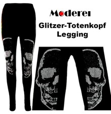 Damen Leggins  mit Skull, hosen Schwarz mit Totenkopf Glitzer Strass Gr. 36-42