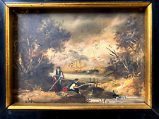 Öl auf Messingplatte - Landschaftsbild + Angler - Miniatur - gerahmt & signiert