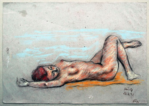 Sonnenbadende frau farbkreide - sonnenbadende, frau,