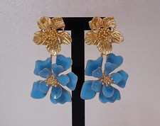 Oscar de la Renta - Ohrringe Doppel Blumen emailliert in blau