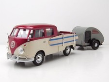 VW T1 Pritsche mit Wohnwagen Surfbrett Koffer rot creme Modellauto 1:24 Motormax
