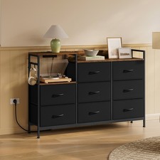 WOLTU Kommode Schubladenschrank mit 8 Schubladen Steckdosen Metallrahmen Schwarz