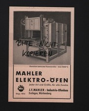 ESSLINGEN, Werbung 1937, J. F. Mahler Industrie-Ofenbau Elektro-Öfen